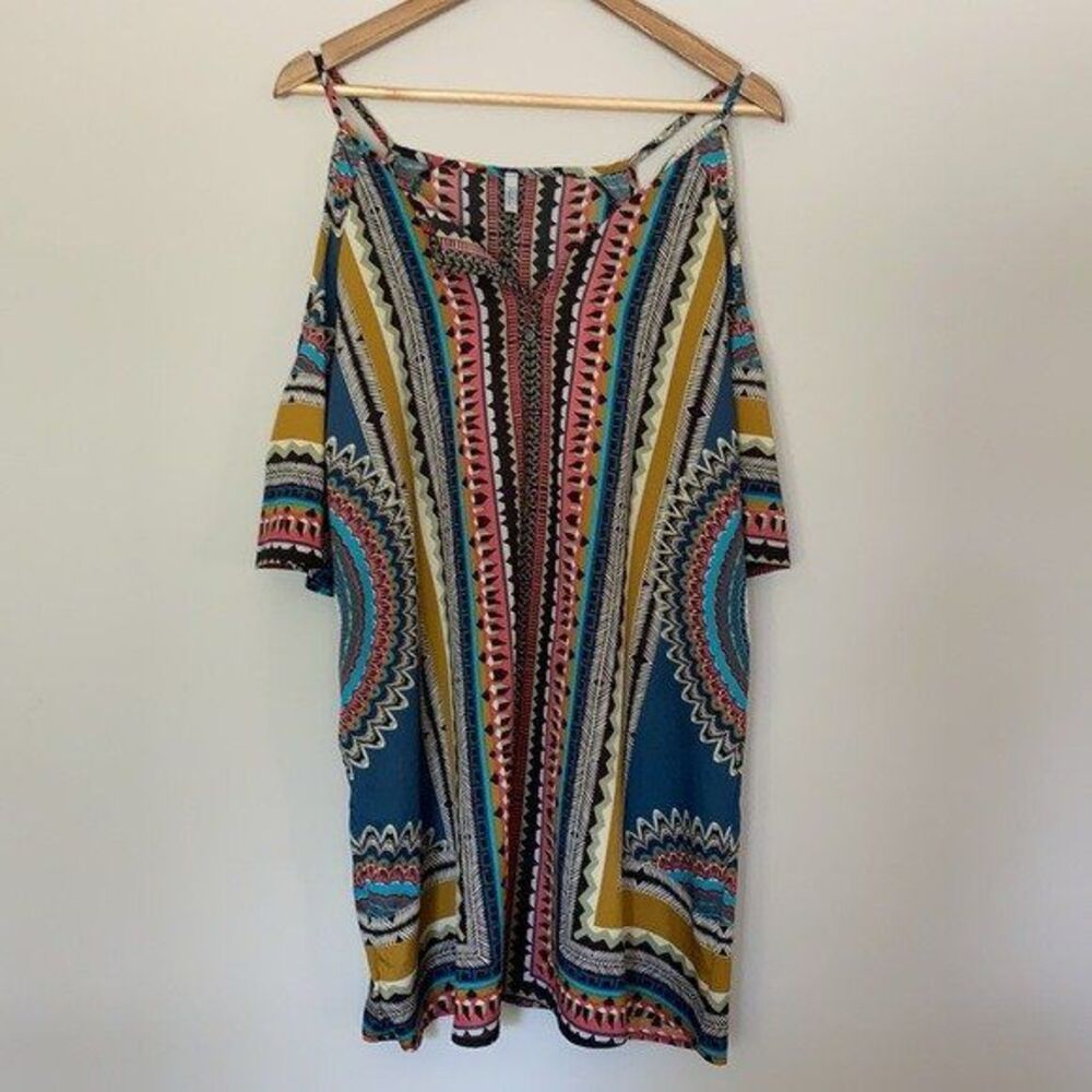 Abbeline Small Lightweight Cold Shoulder Geometric Colorful Shift Dress Sundress
